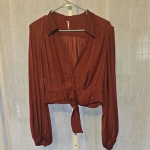 Free People Rust Tie-Front Long Sleeve Blouse